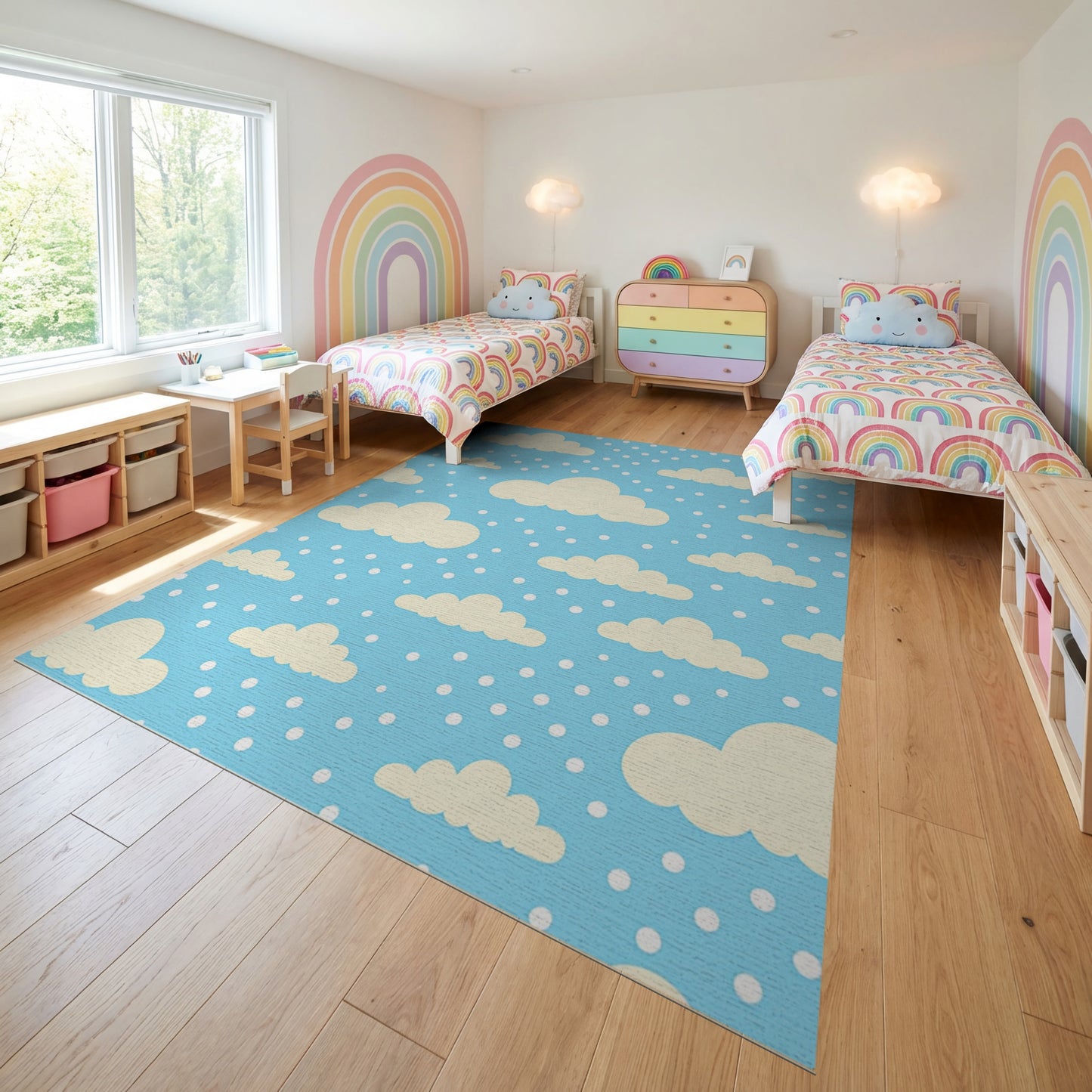 Whimsical Fluffy Clouds Blue Dots Rug