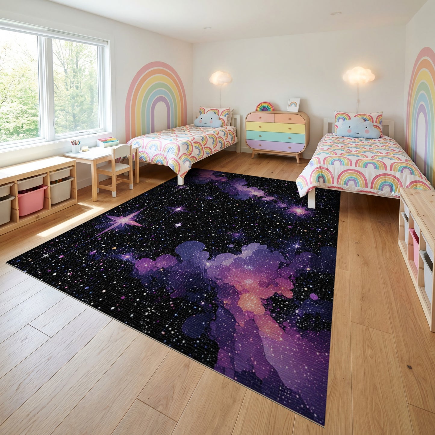 Vibrant Purple Nebula Sparkling Stars Rug