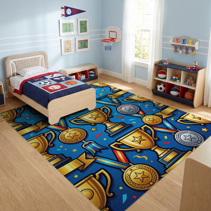 Celebratory Gold Silver Trophies Confetti Rug