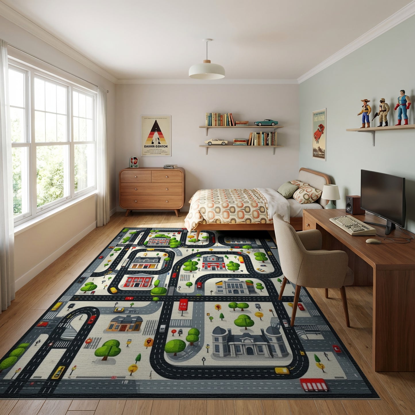 Whimsical City Roads Buildings Trees Rug