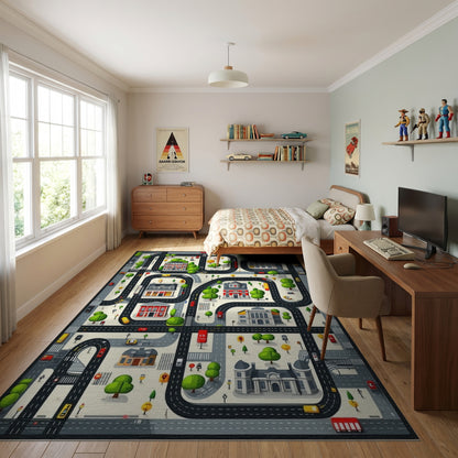 Whimsical City Roads Buildings Trees Rug