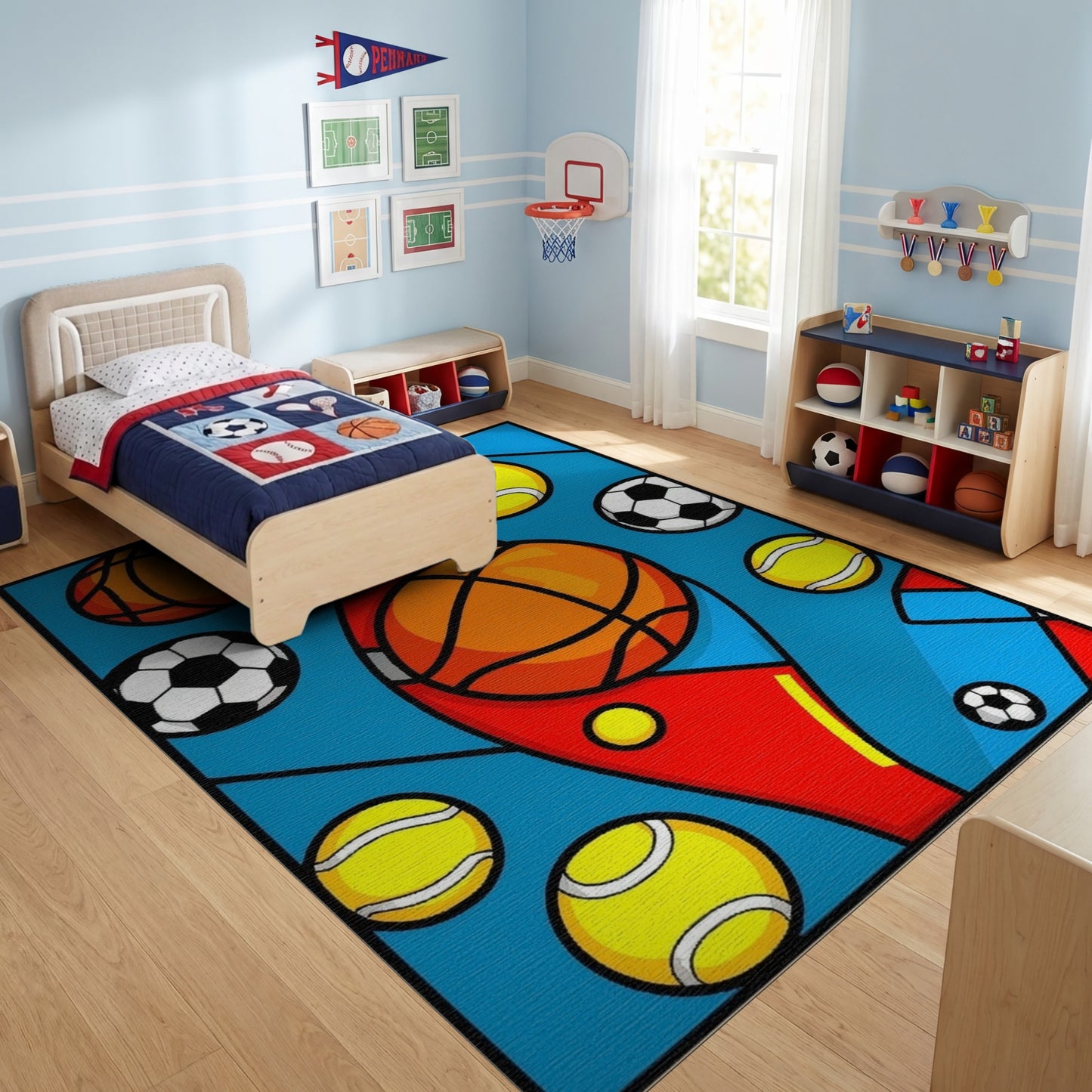 Vibrant Geometric Sports Balls Rug