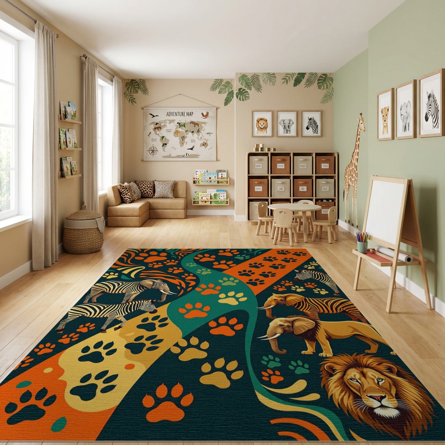 Vibrant Paw Prints Zebras Elephants Lion Rug