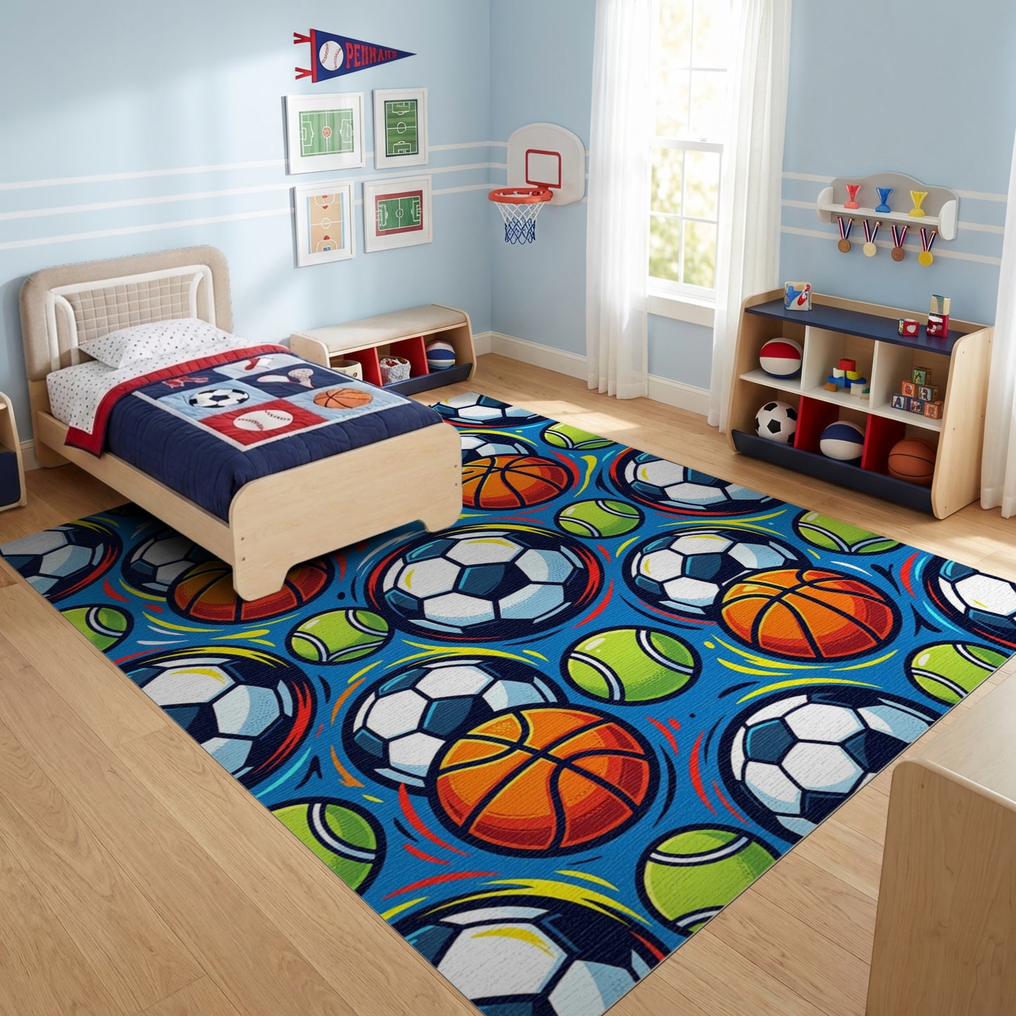 Vibrant Basketball Soccer Tennis Balls Rug