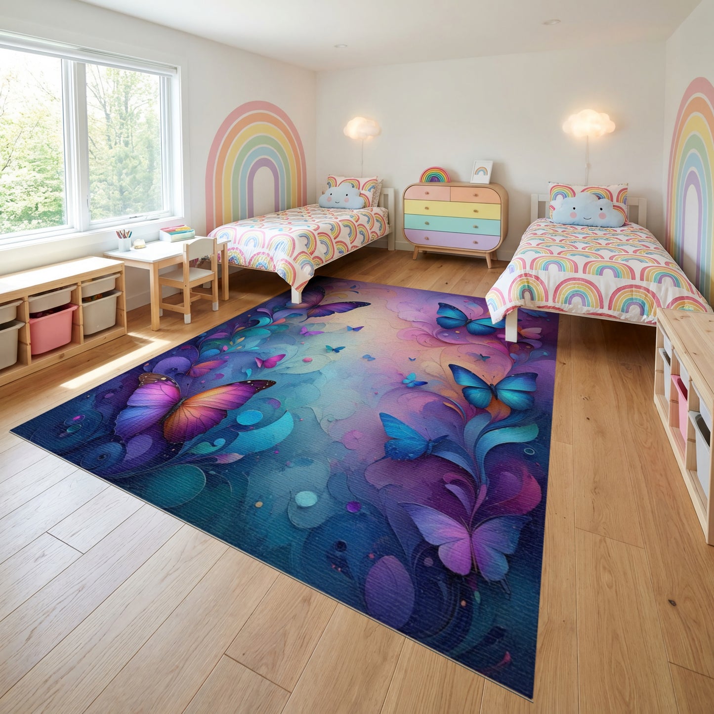 Whimsical Multicolor Butterfly Floral Swirl Rug