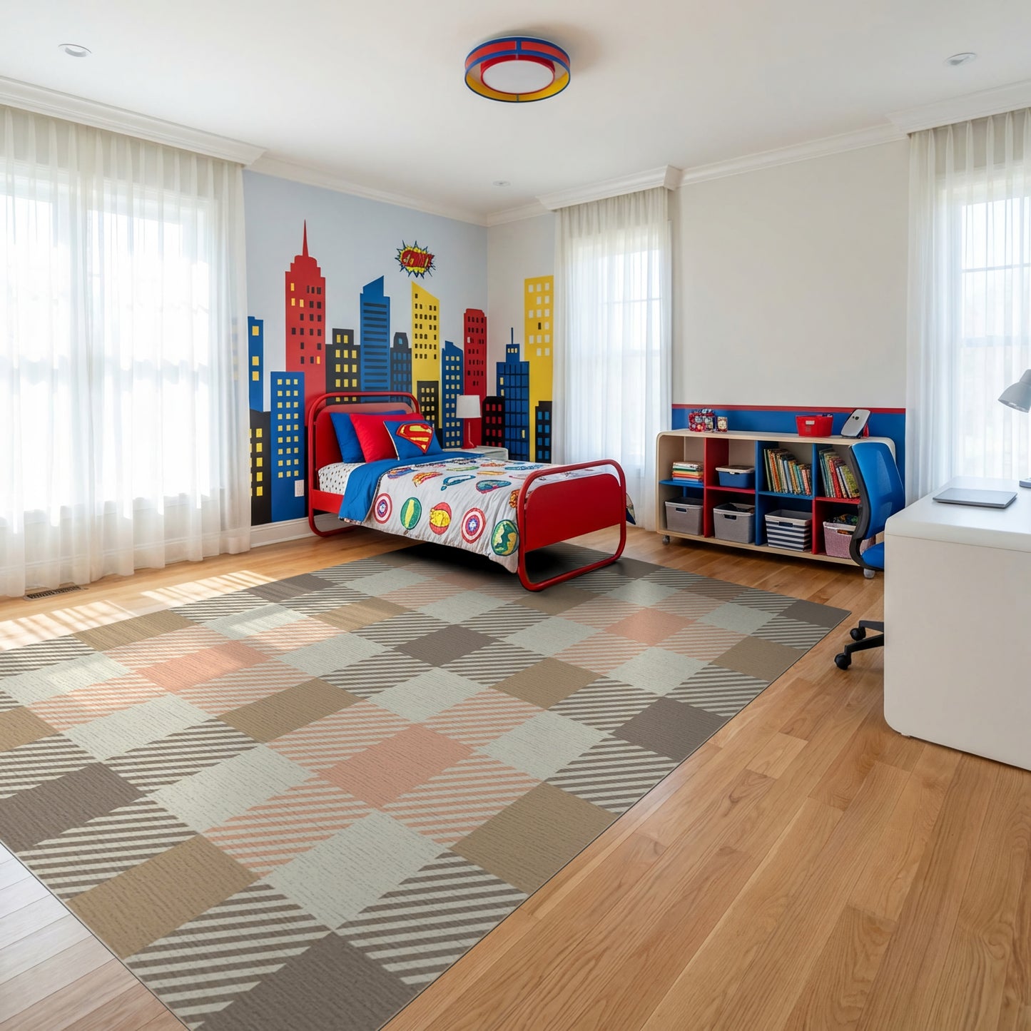 Warm Plaid Peach Brown Cream Rug