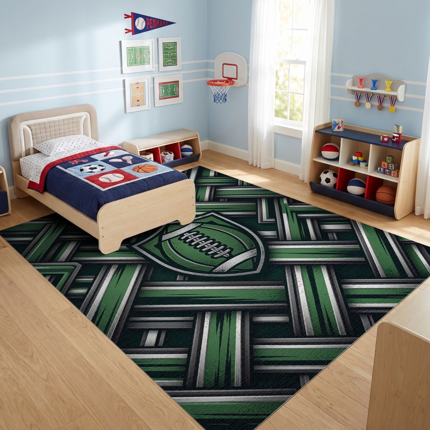 Green Silver Woven Football Shield Rug