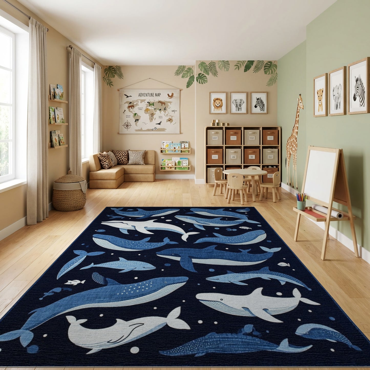 Whimsical Navy Whales and Fish Rug
