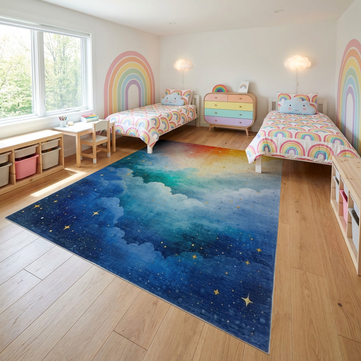 Radiant Blue Orange Starry Clouds Rug