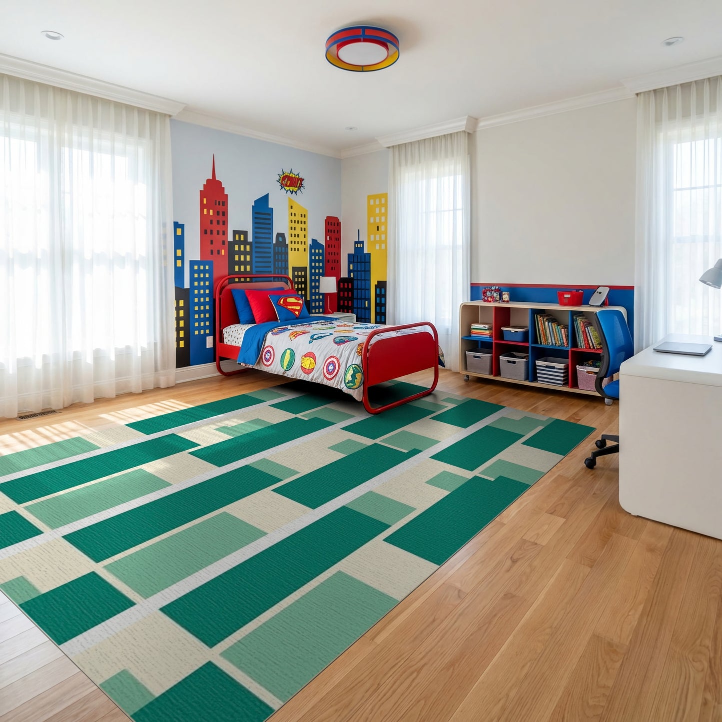 Modern Green Cream Block Stack Rug