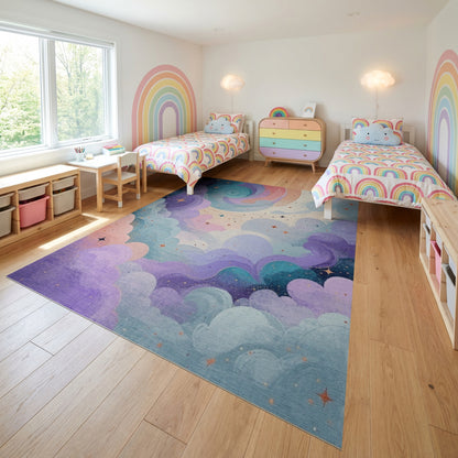 Purple Teal Swirling Stars Clouds Rug