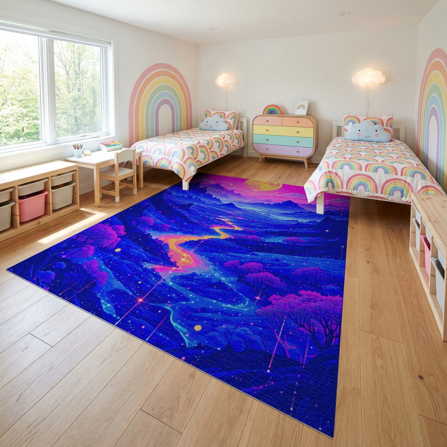 Vibrant Neon Mountain Moon River Rug