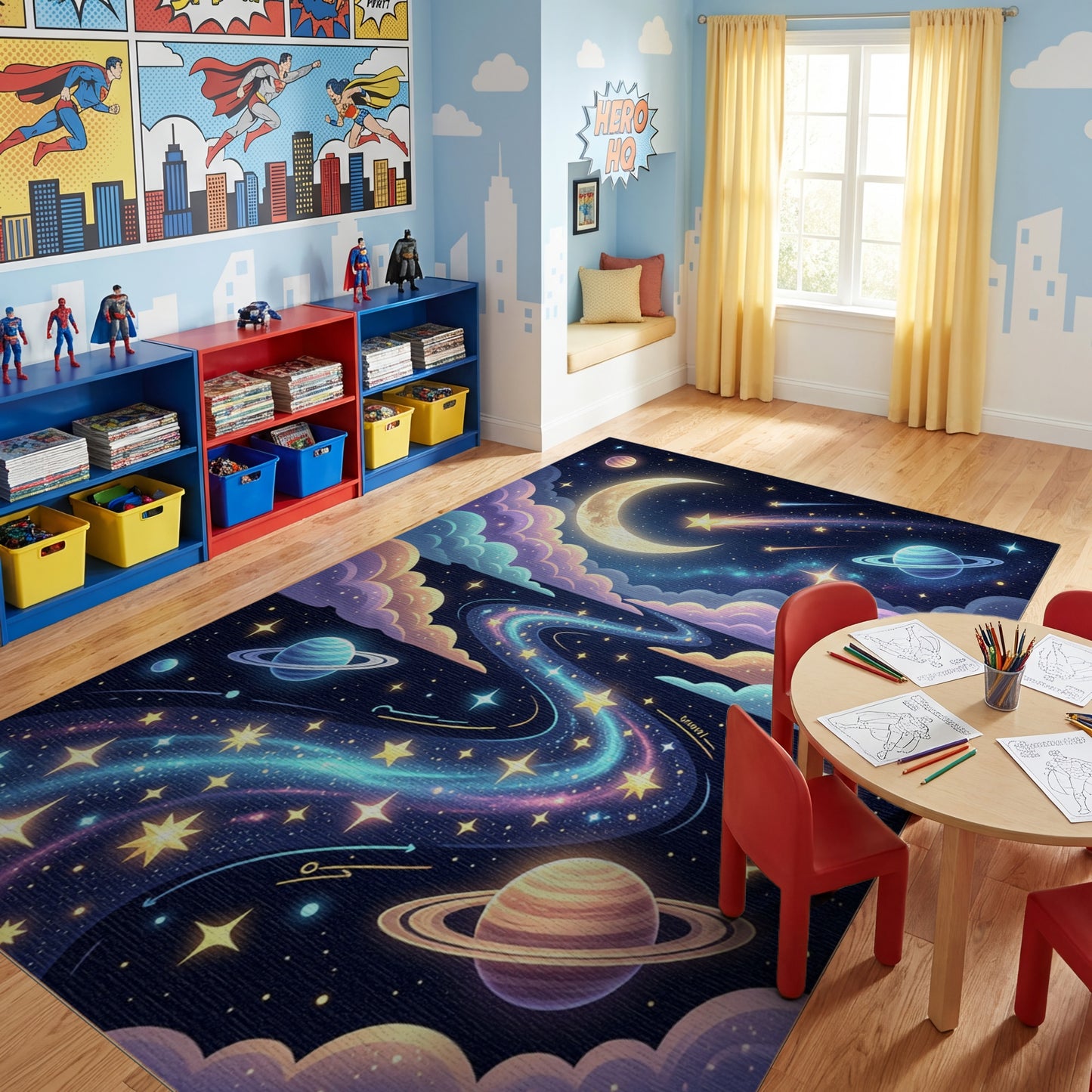 Dreamy Crescent Moon Planets Shooting Stars Rug