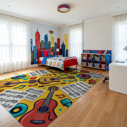 Vibrant Yellow Guitars Music Notes Rug