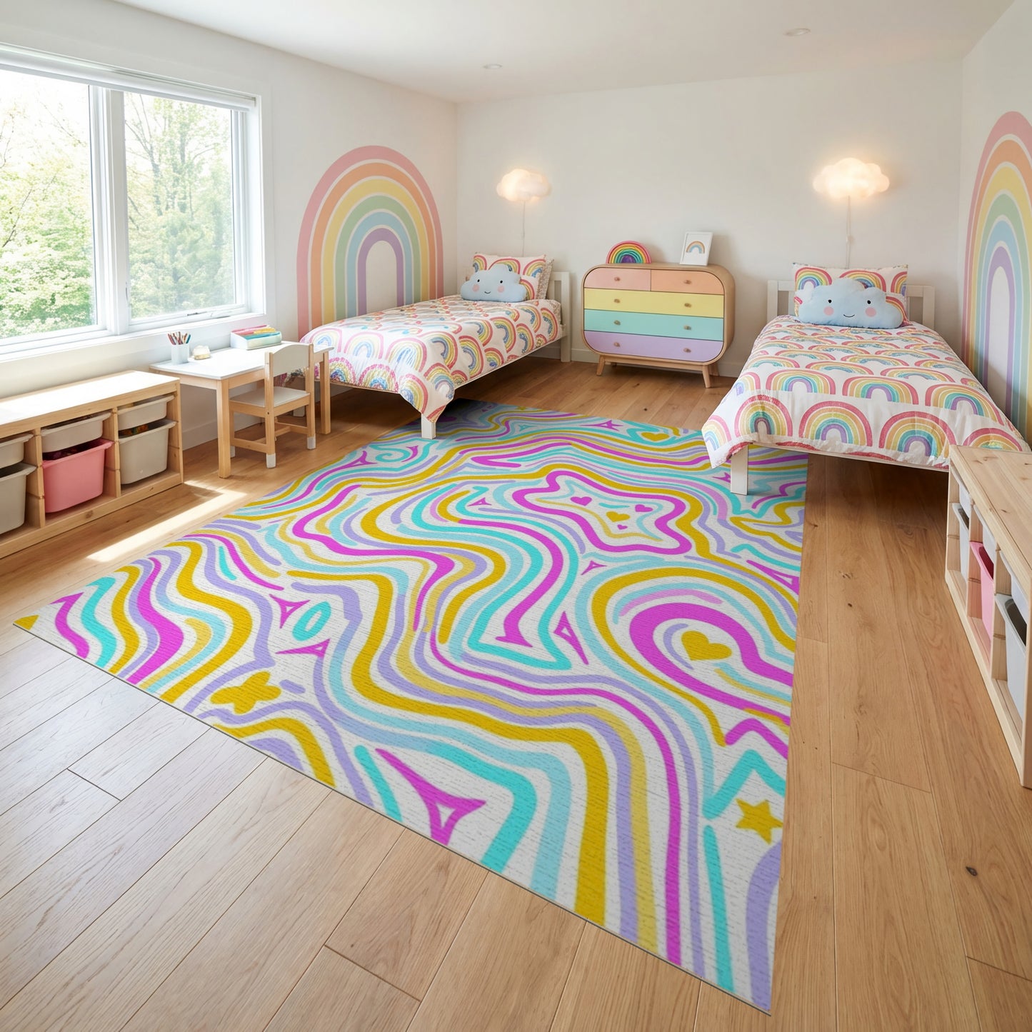 Vibrant Wavy Hearts Stars Rug