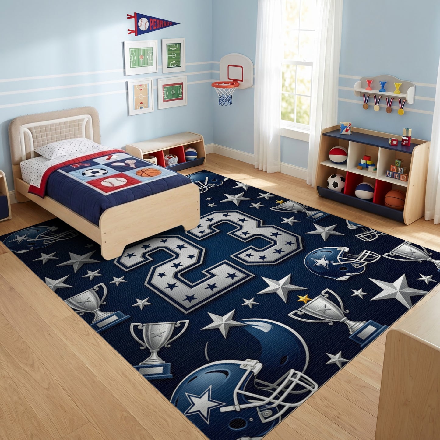 Navy Silver 23 Helmets Stars Trophies Rug