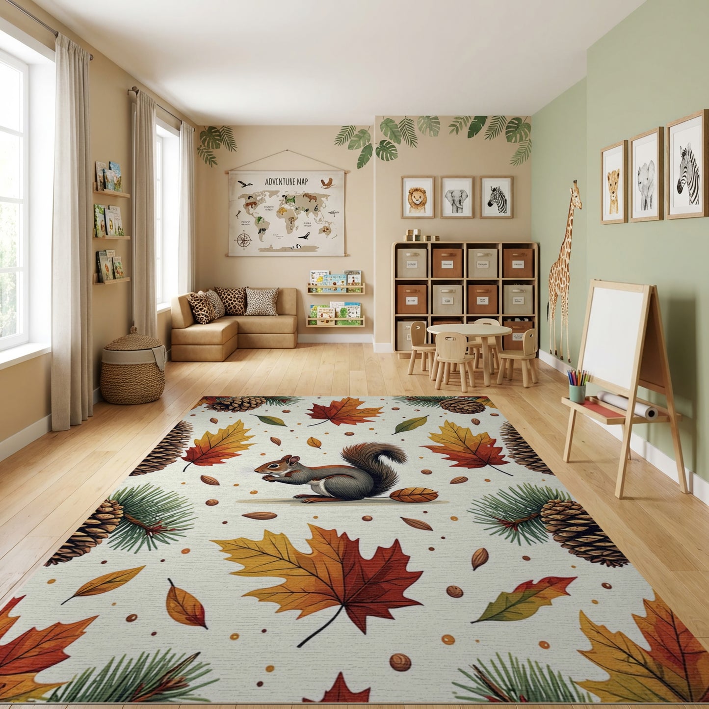 Whimsical Autumn Squirrel Pinecone Leaf Rug