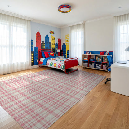 Pink White Gingham Check Rug