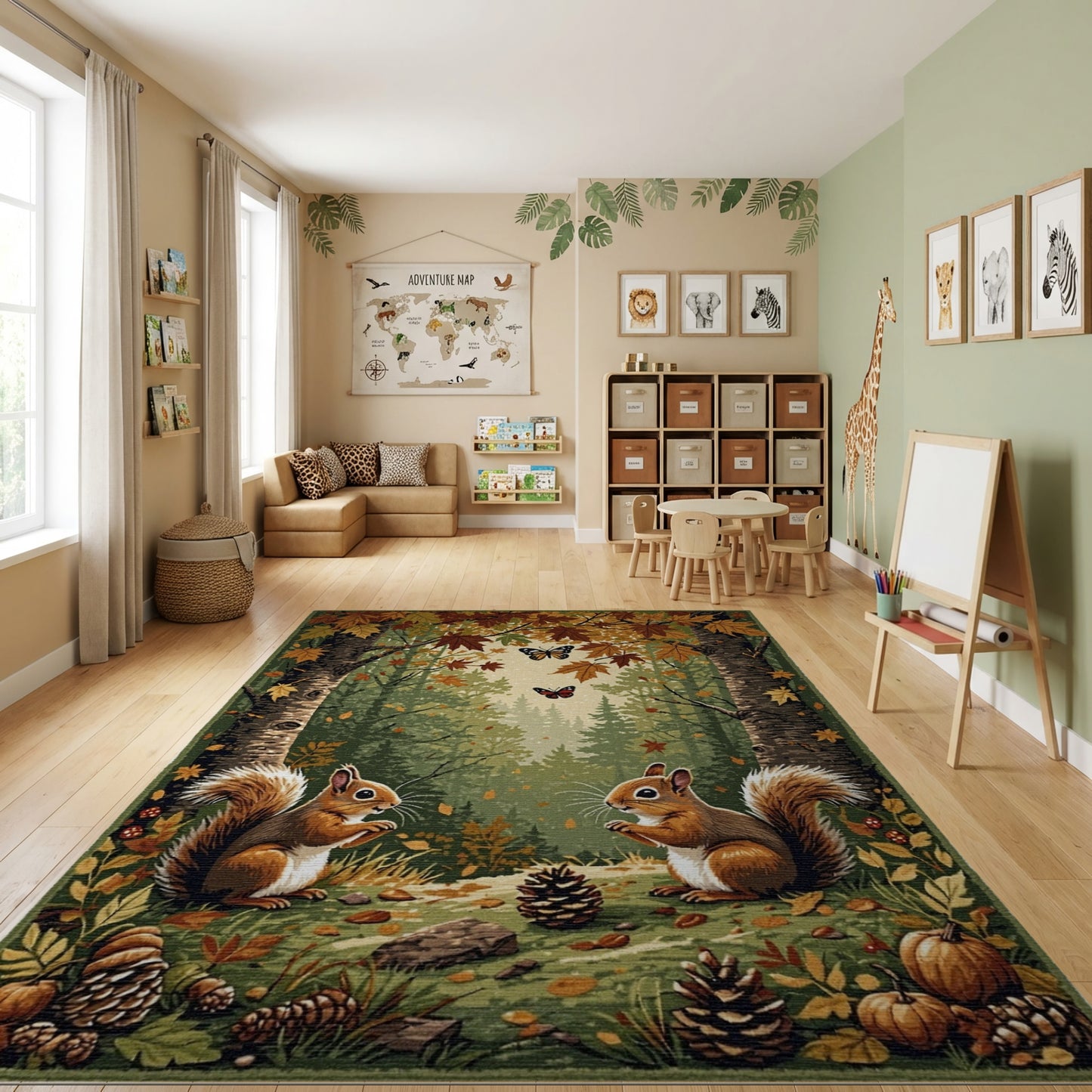Whimsical Autumn Squirrels Forest Butterflies Rug