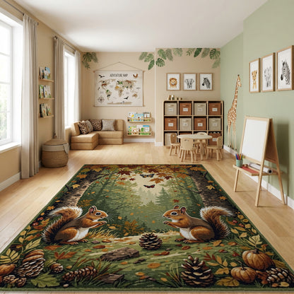 Whimsical Autumn Squirrels Forest Butterflies Rug