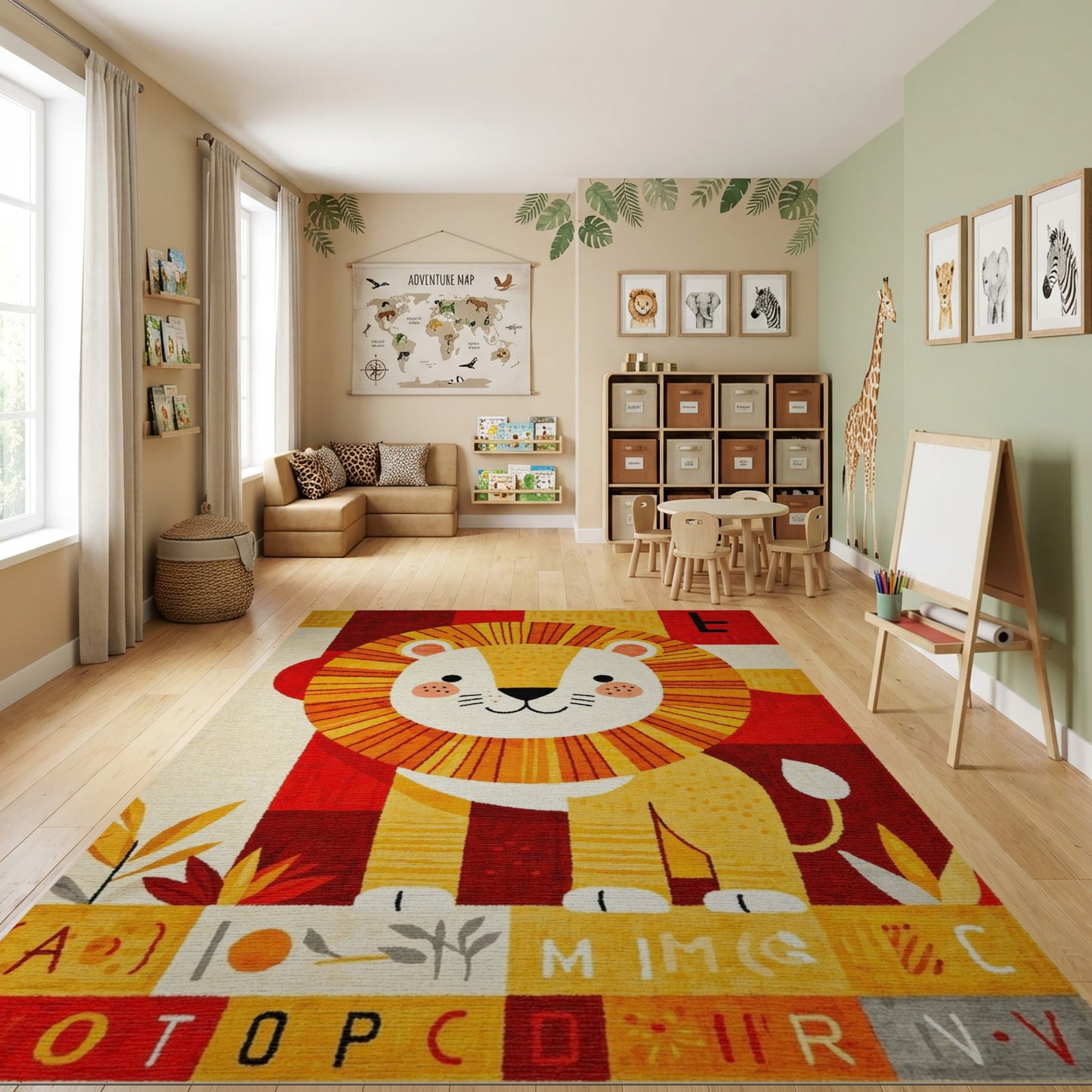 Playful Geometric Lion Alphabet Rug