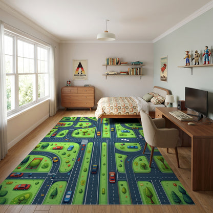 Whimsical Green Streets Cars Trees Rug