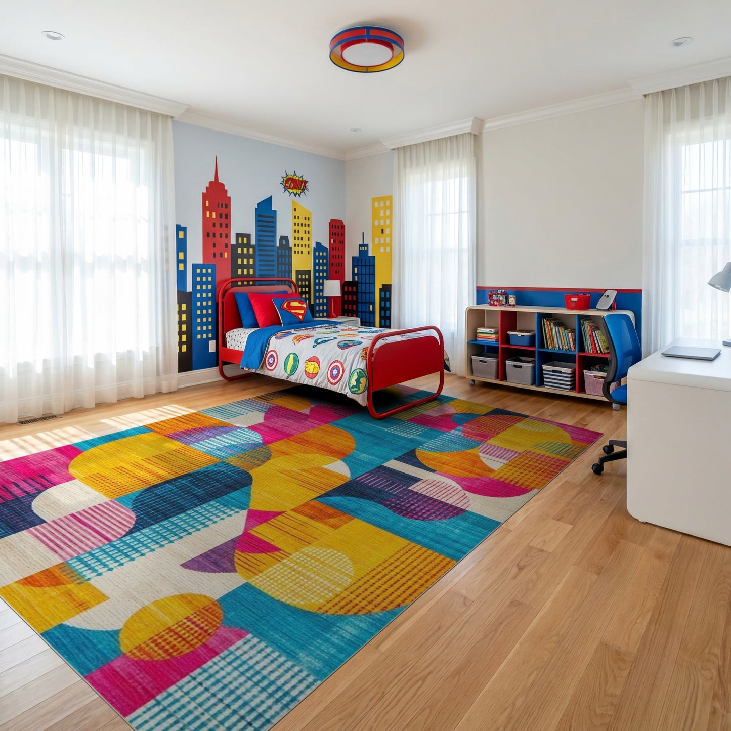 Vibrant Orange Pink Teal Circles Rug