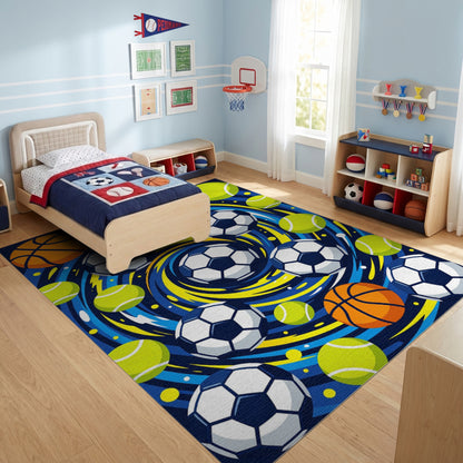 Vibrant Swirling Basketball Soccer Tennis Rug