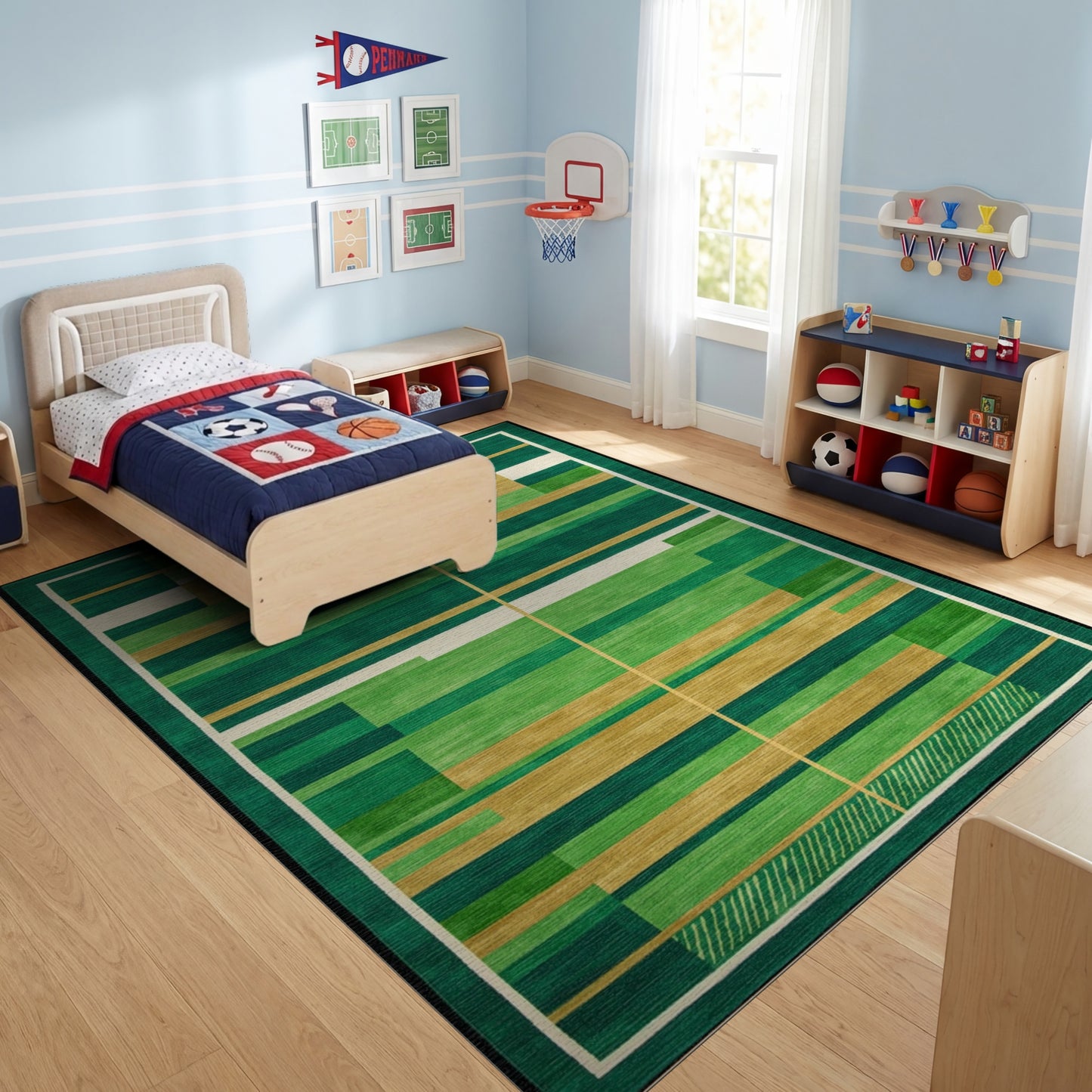 Modern Green Gold Striped Geometric Rug