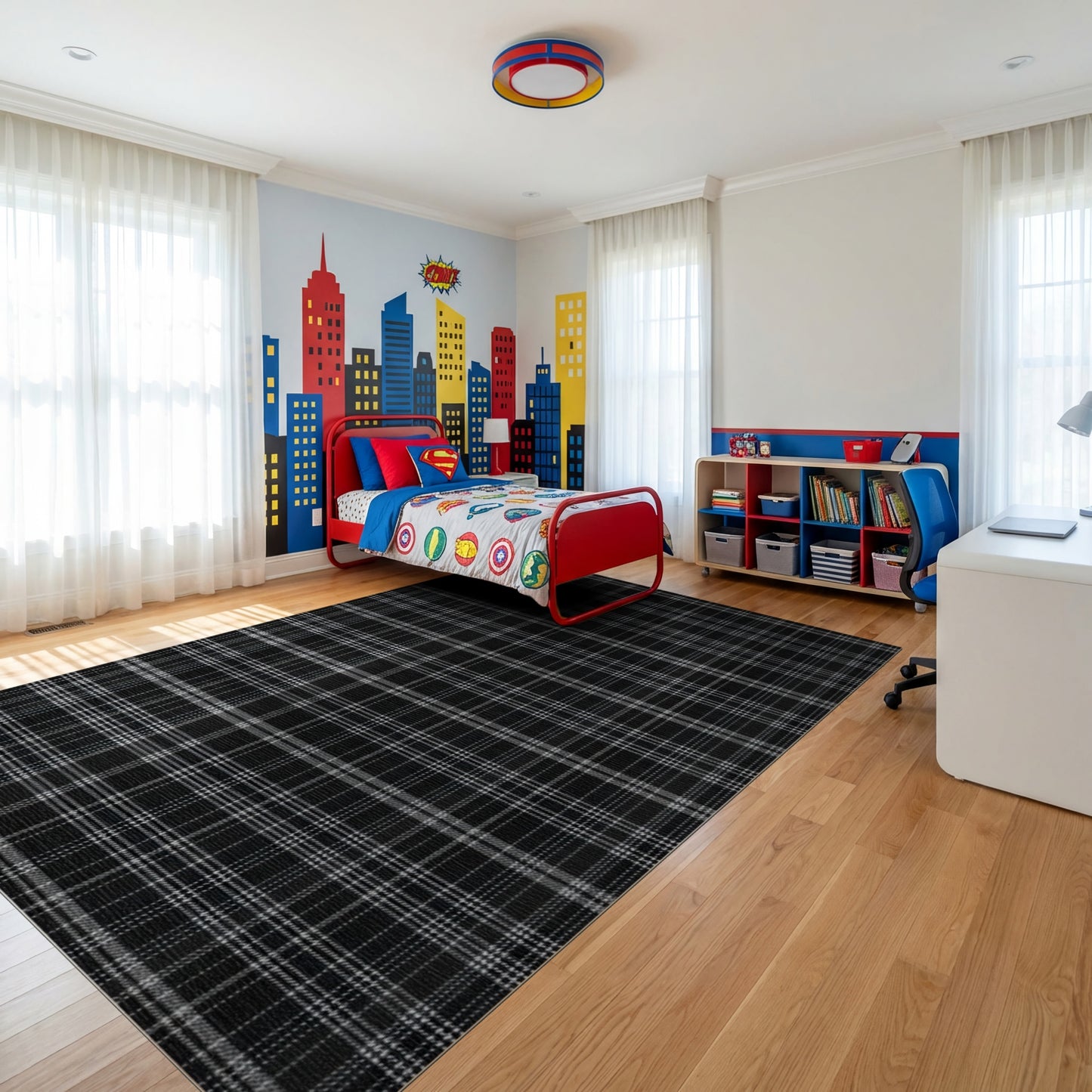 Black and White Checkered Grid Rug