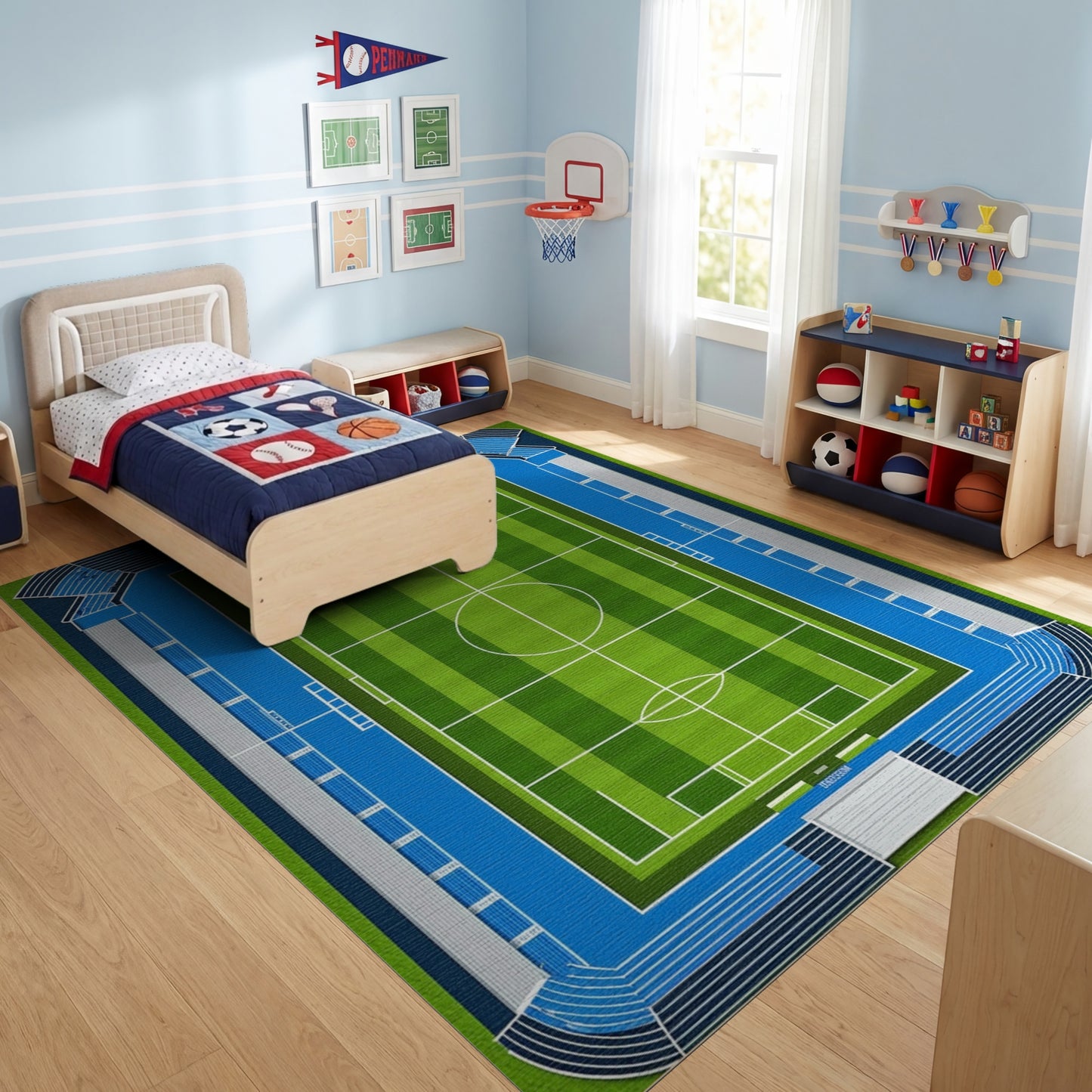 Modern Blue Green Soccer Stadium Rug