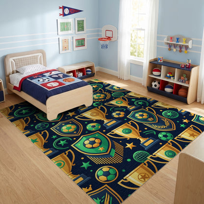 Vibrant Golden Soccer Victory Trophies Rug
