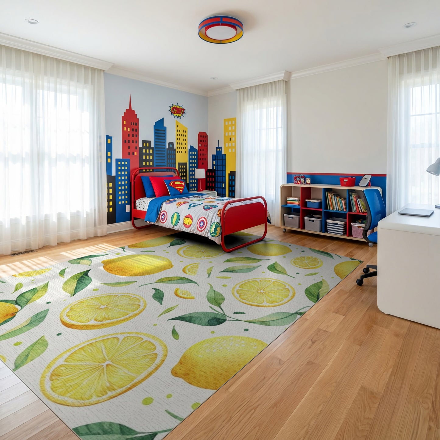 Vibrant Watercolor Lemons Green Leaves Rug