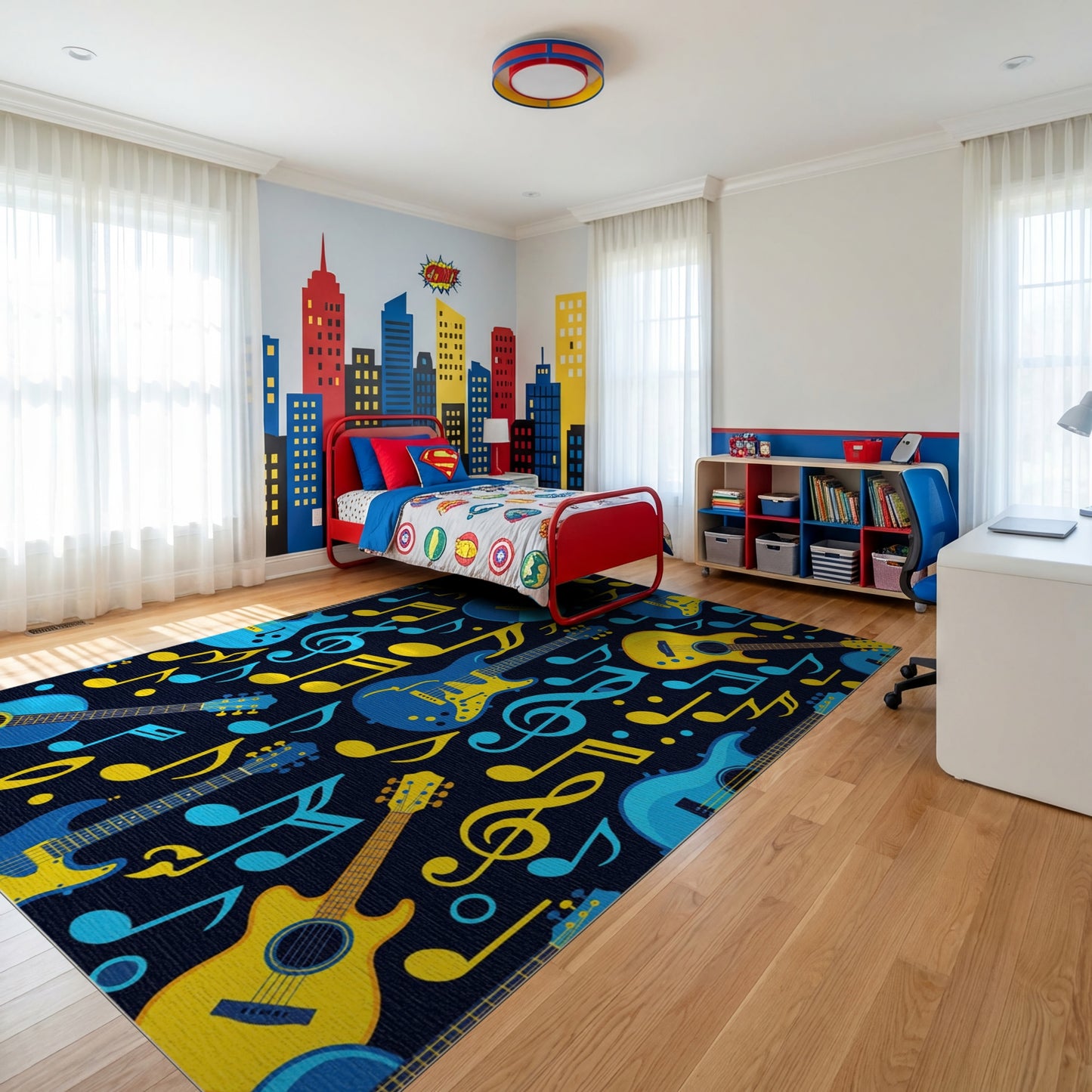 Vibrant Electric Guitars Notes Navy Rug