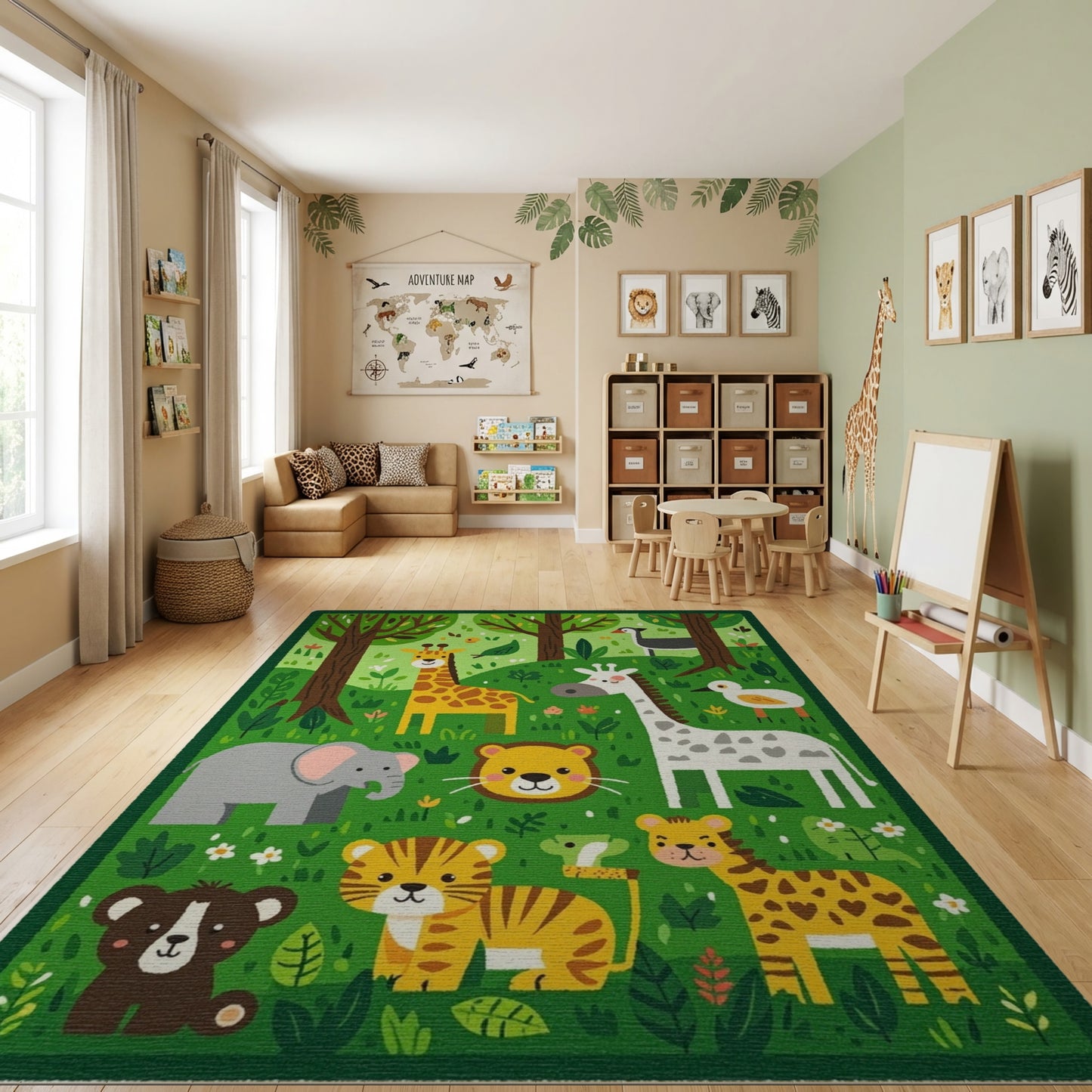 Whimsical Forest Animals Vibrant Green Rug