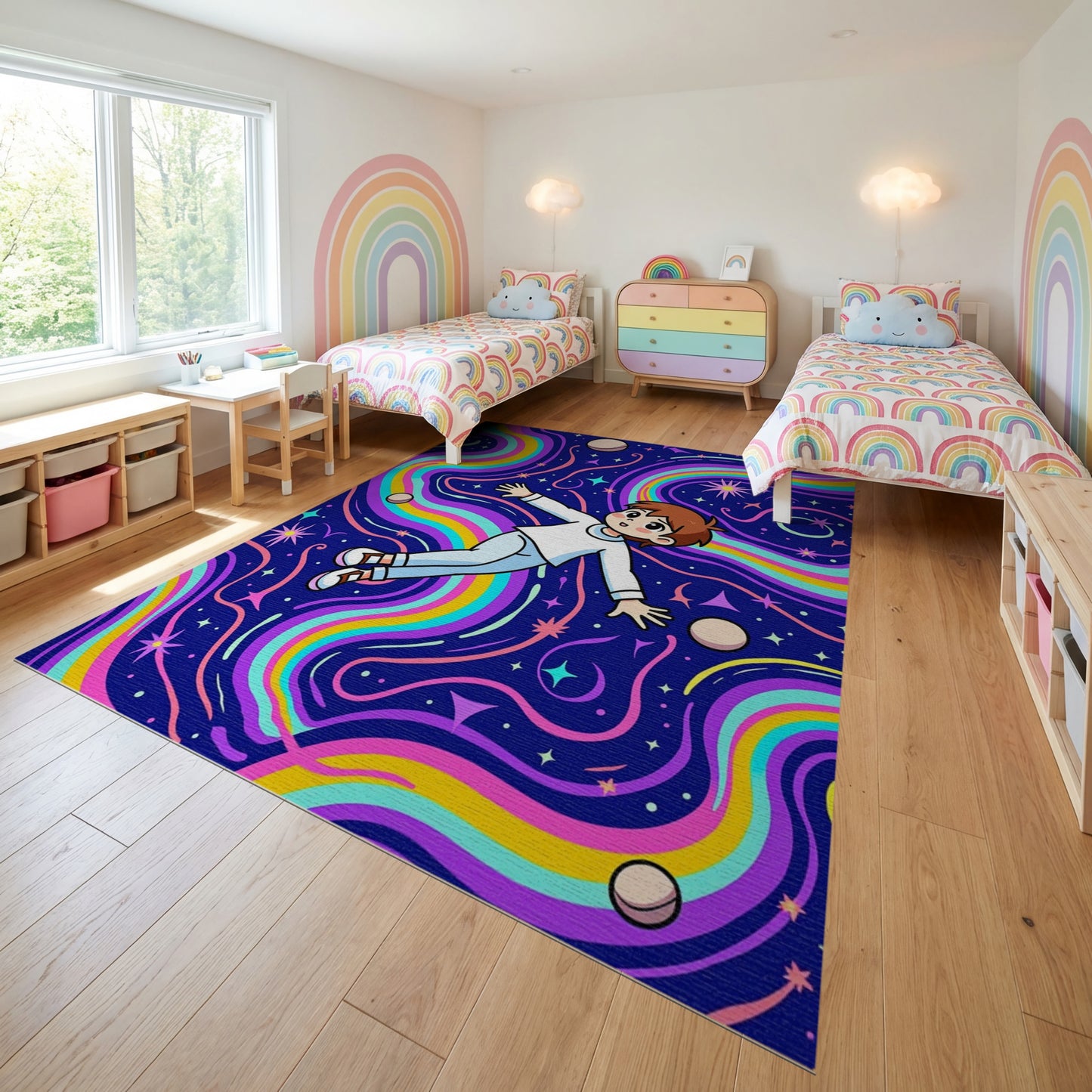 Cosmic Rainbow Waves Floating Boy Stars Rug