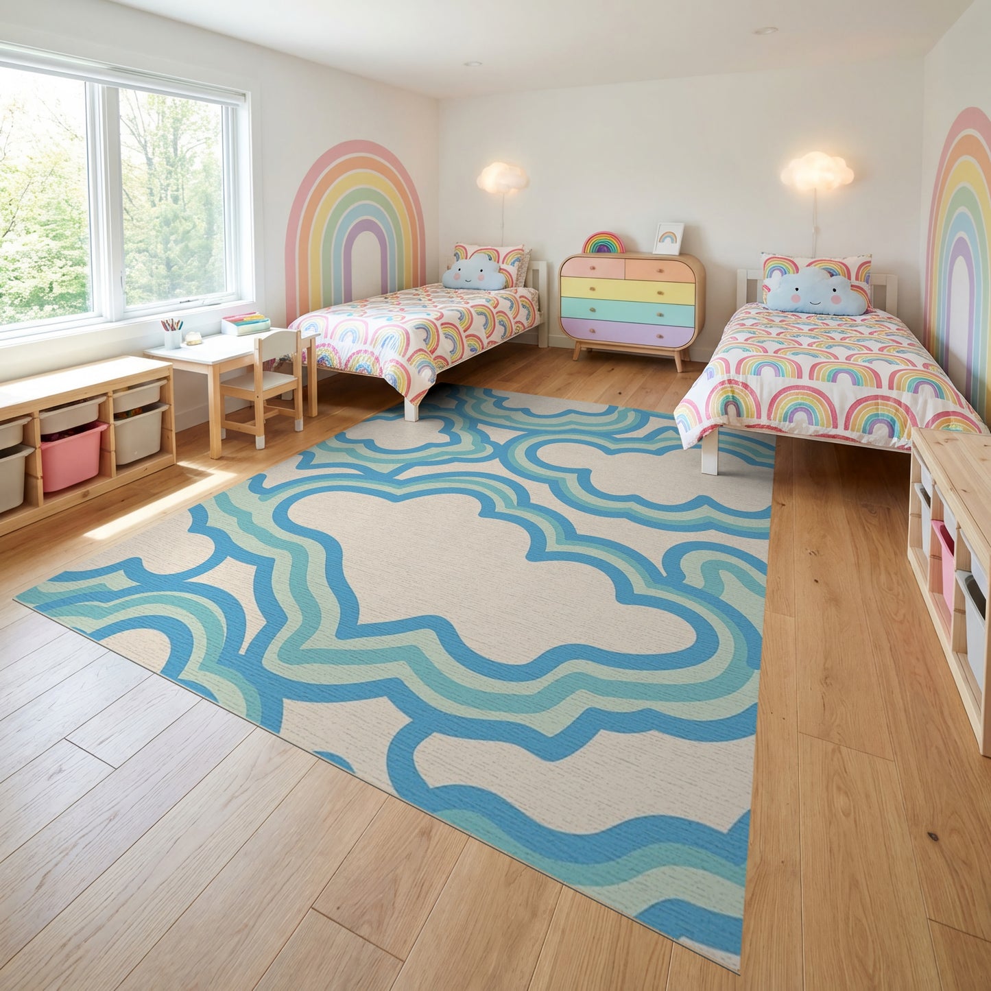 Whimsical Layered Blue Clouds Rug