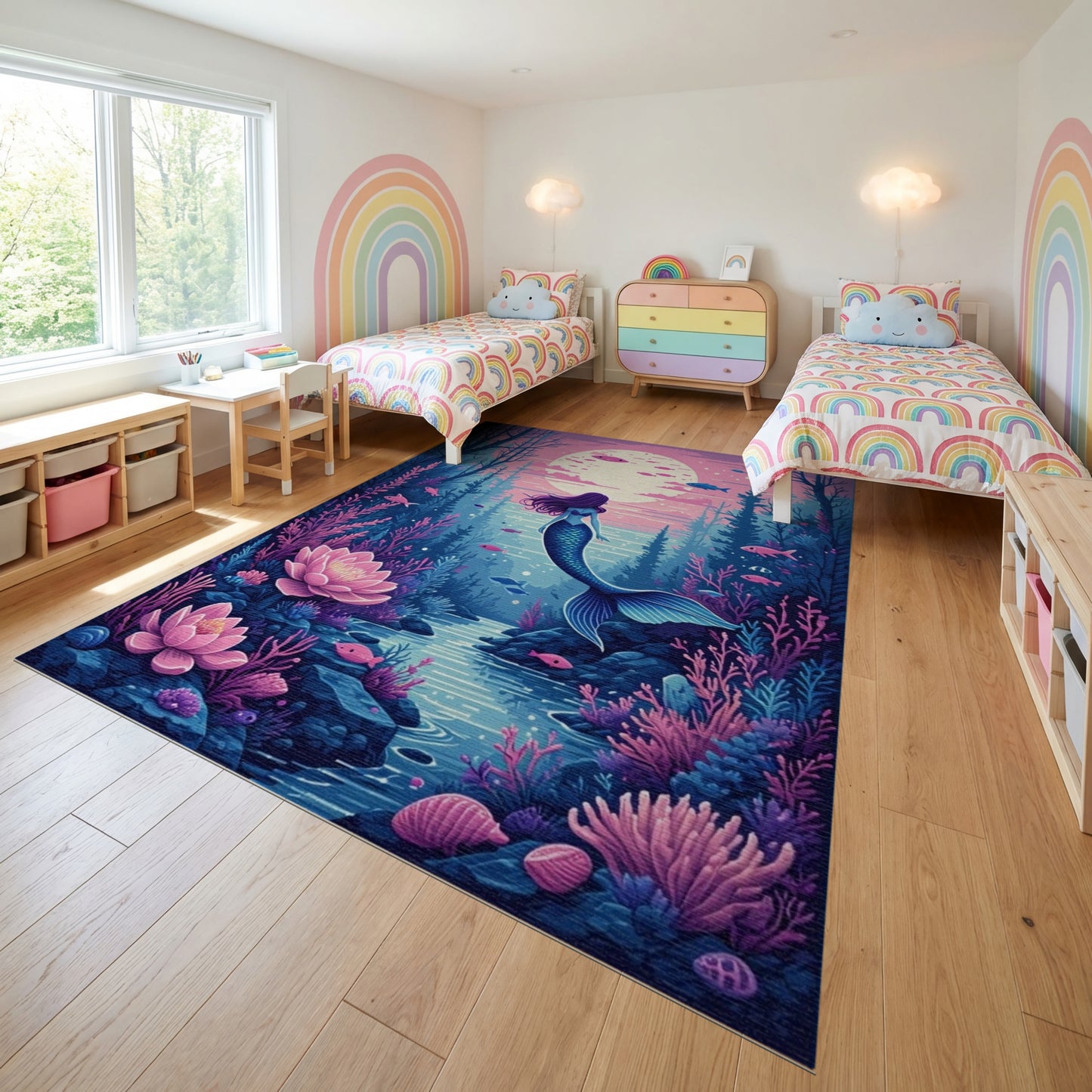 Mystical Mermaid Moonlit Lotus Forest Rug