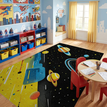 Vibrant Yellow Ringed Planets Stars Rug