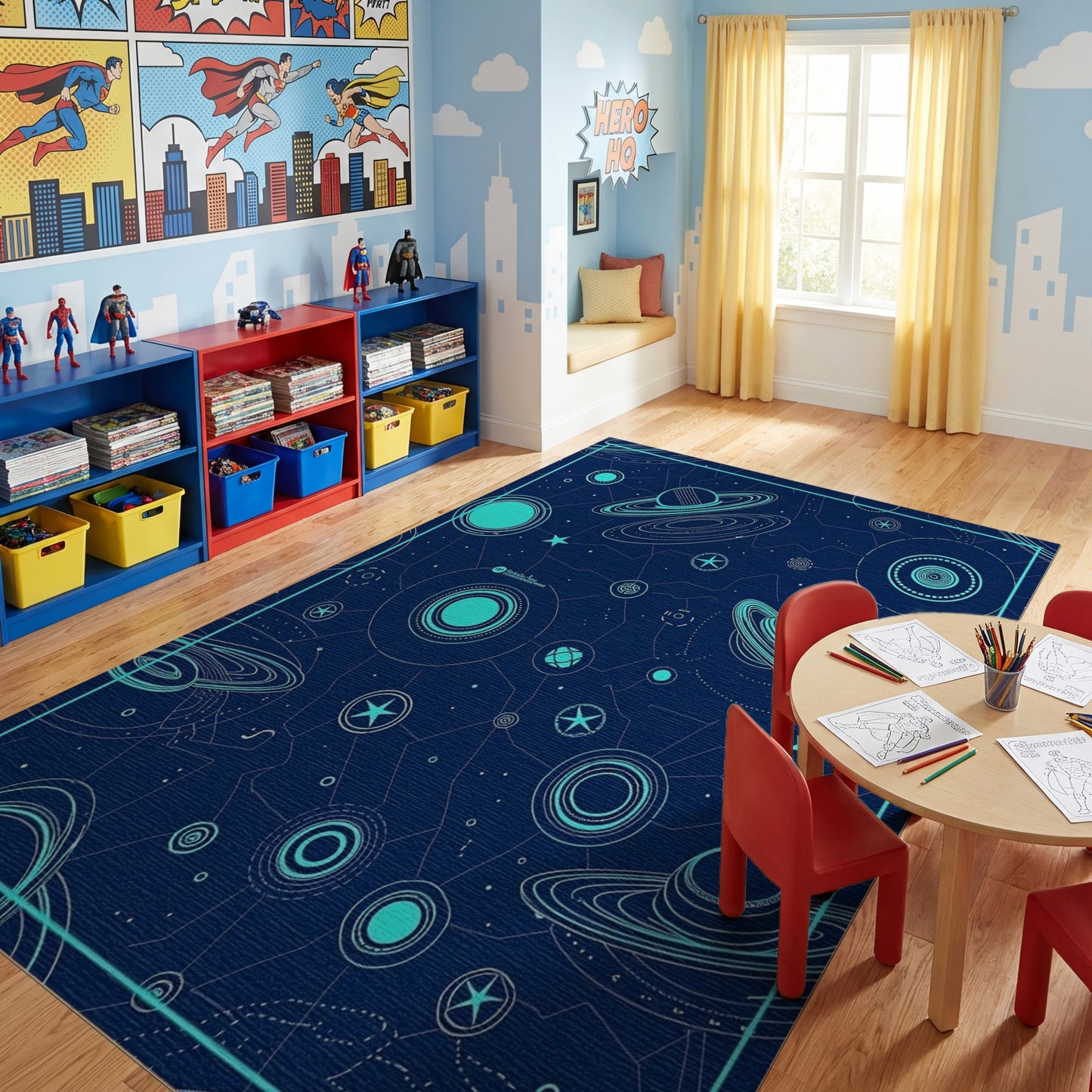 Navy Cyan Planets Rings Stars Rug