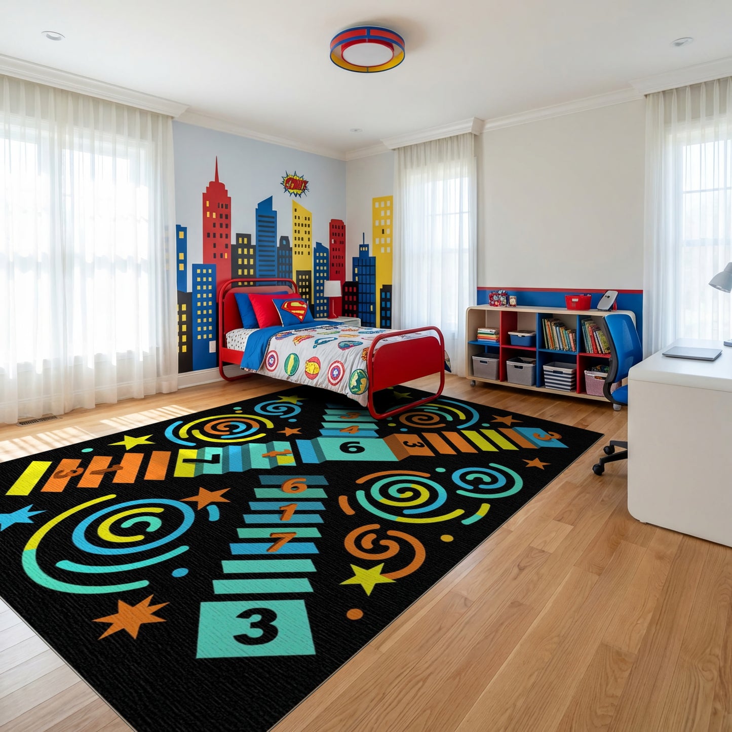 Playful Multicolor Numbered Circles Squares Rug
