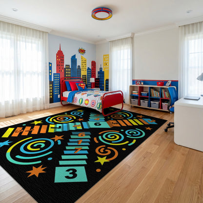 Playful Multicolor Numbered Circles Squares Rug