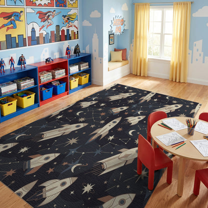 Starry Navy Rockets Crescent Moons Rug