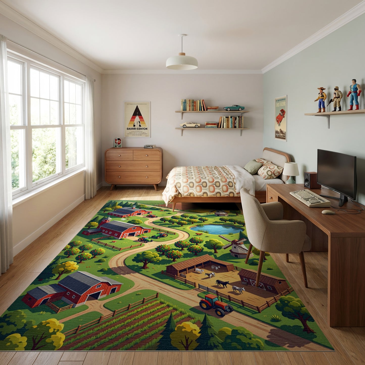 Vibrant Isometric Farm Barn Scene Rug