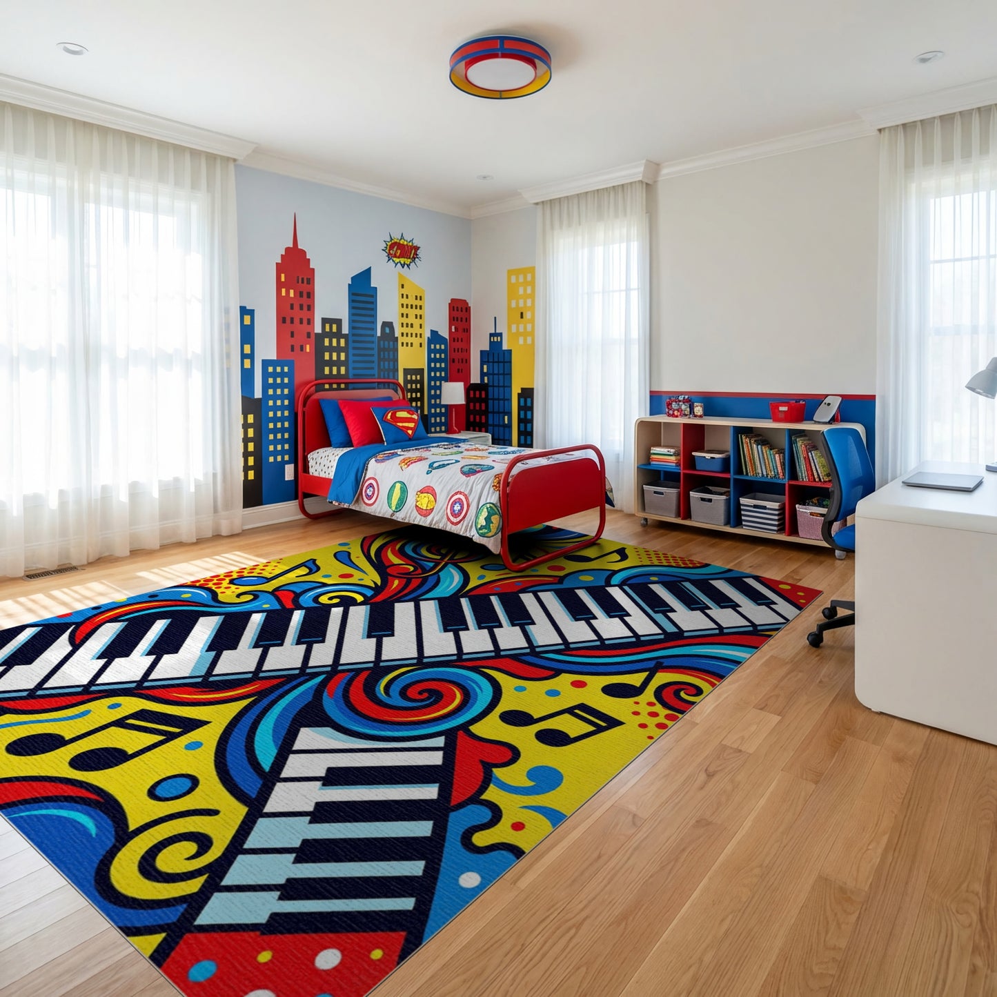 Vibrant Musical Piano Swirls Notes Rug