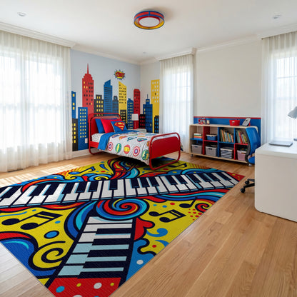 Vibrant Musical Piano Swirls Notes Rug