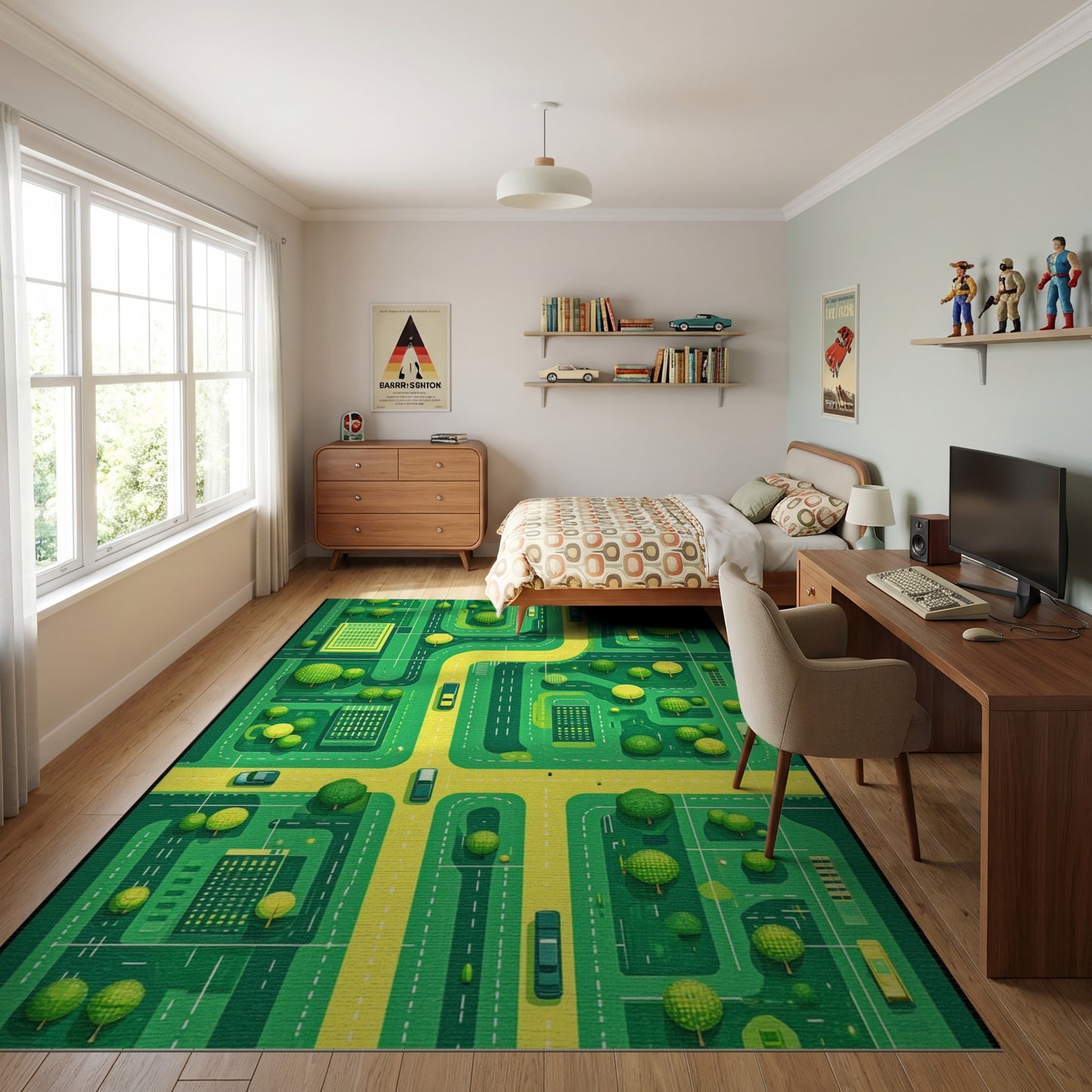 Vibrant Green City Roads Trees Rug