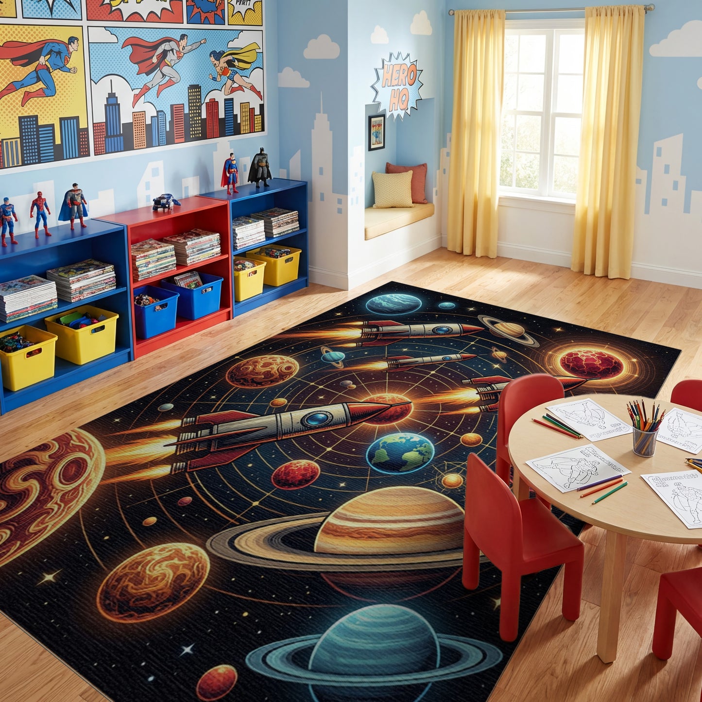 Vibrant Neon Rockets Planets Rug