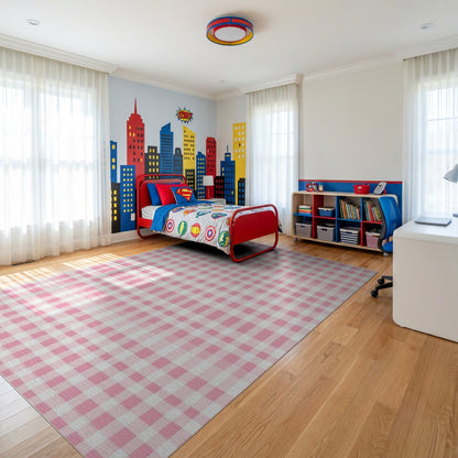 Pink White Gingham Checkered Rug