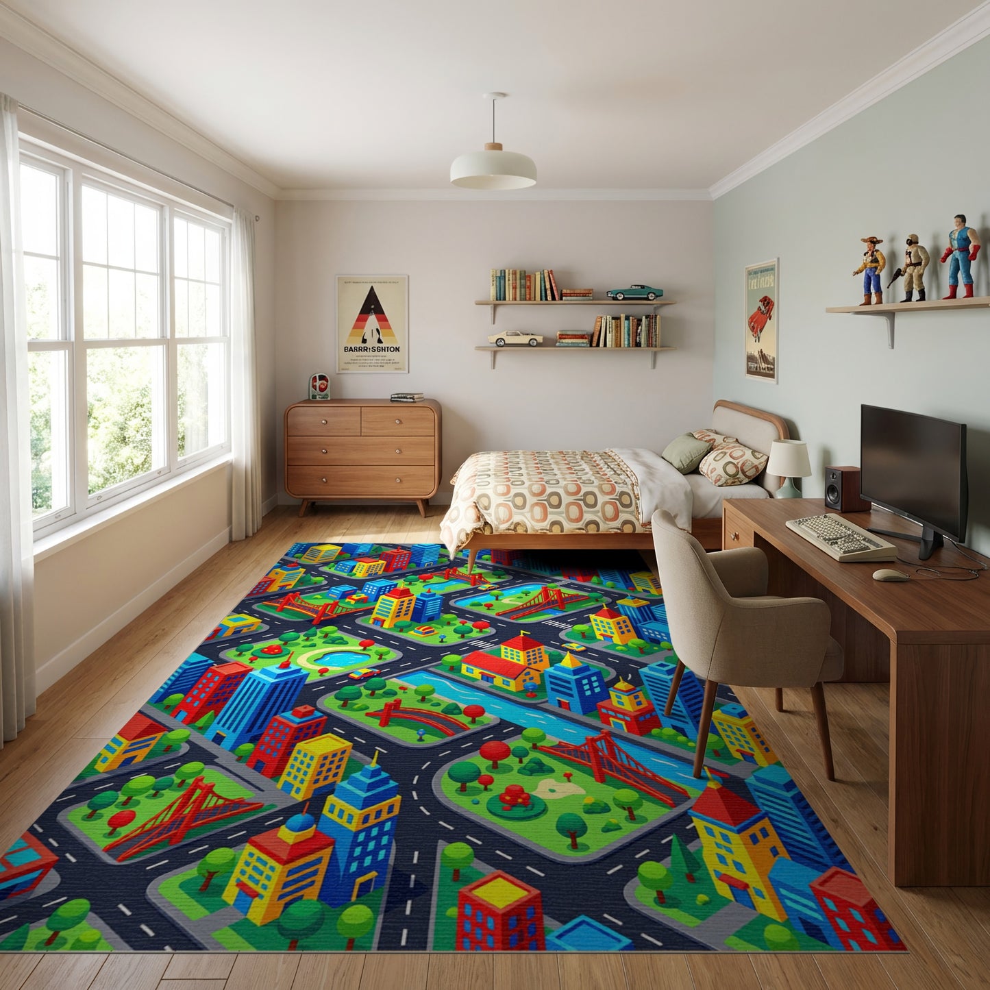 Colorful Isometric City Bridges Parks Rug